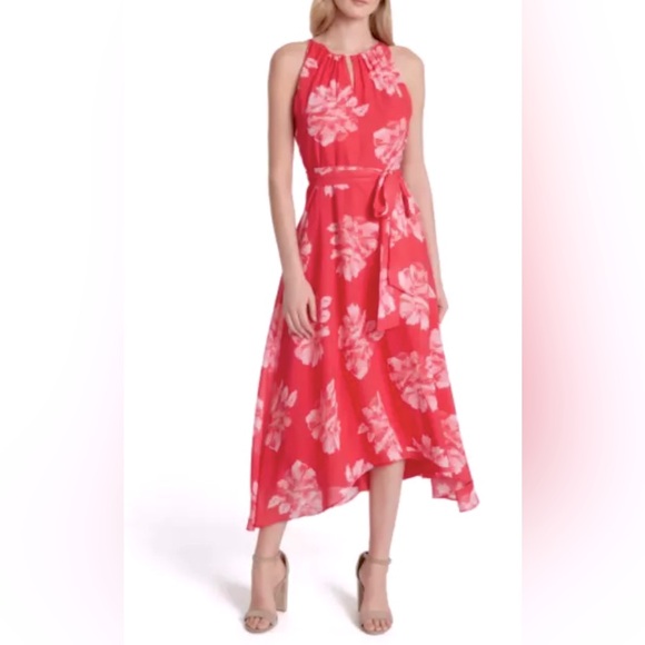 Tahari ASL Sleeveless Hot Pink Peony Chiffon Halter Neck Dress - Picture 1 of 8